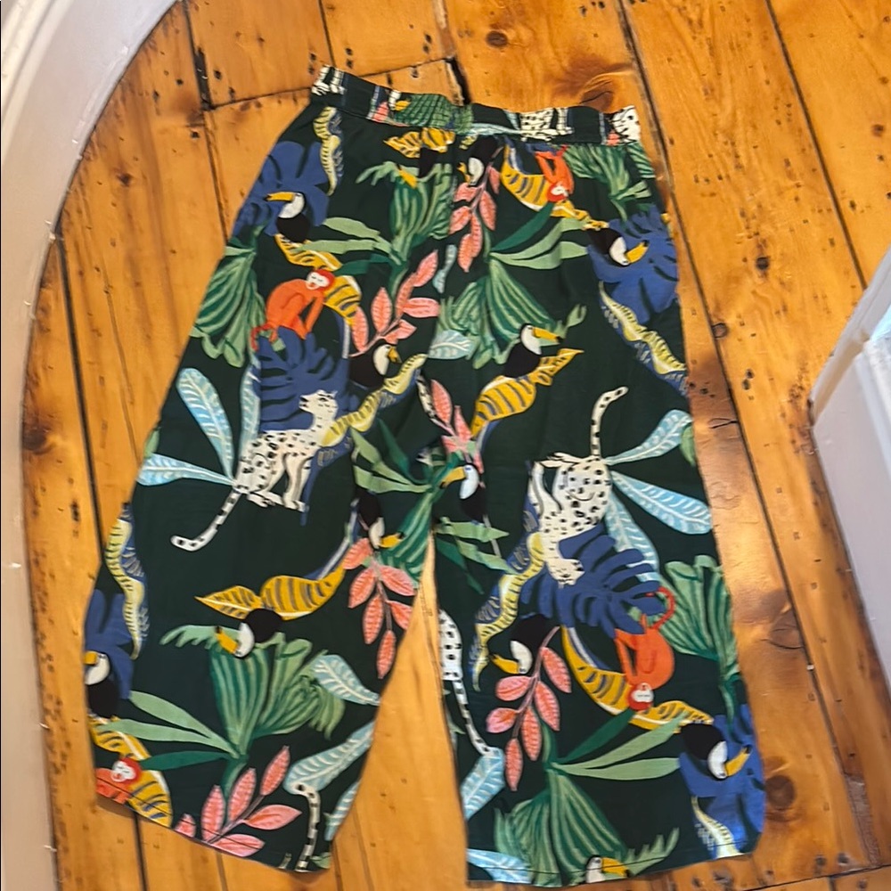 Christian Siriano Green and Blue Casual Pants with Tropical Print